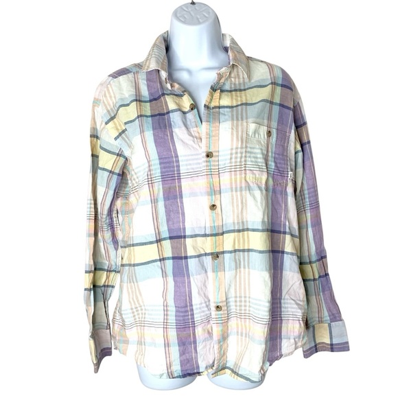 Aritzia TNA Plaid Button Down Shirt Classic Fit Yellow Purple Size Small - Picture 2 of 16
